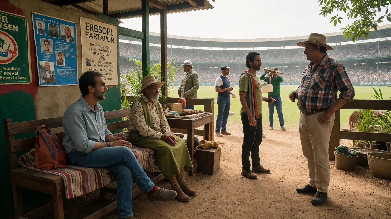 Wide editorial view of a quiet Indian cricket press box at dusk, with scorebook and open laptop on the desk