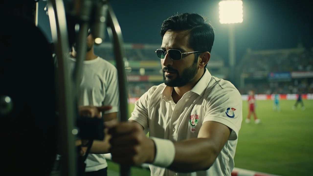 Medium editorial frame of a captain and bowler conferring mid-over, with the field spread across the inner ring and the pitch visible beyond