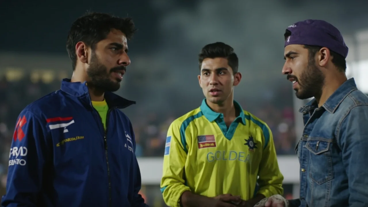 Medium editorial frame of a captain and bowler conferring mid-over on a T20 surface, with the inner ring spread and the pitch visible beyond the bowling mark